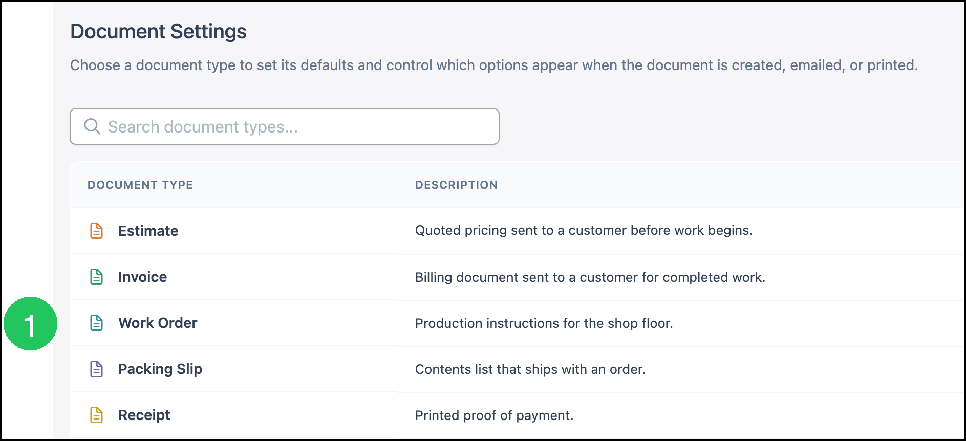 Document Settings list with badge 1 on Work Order