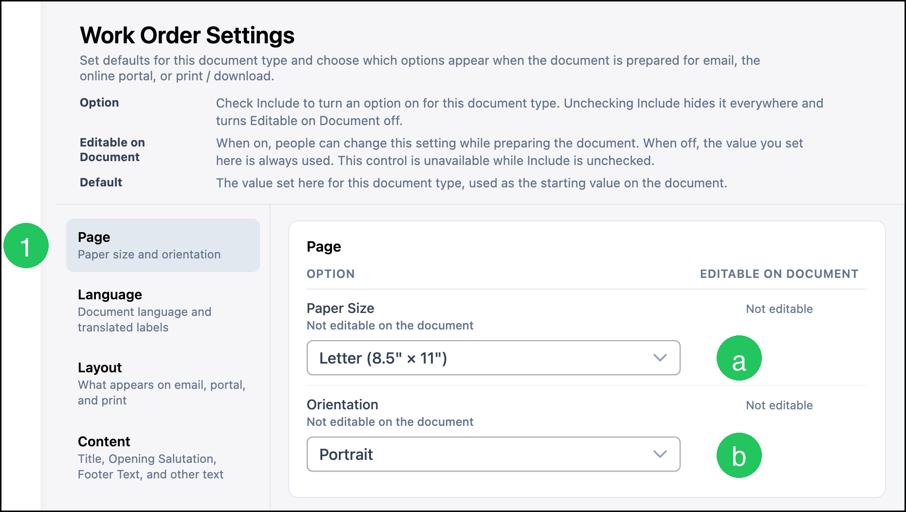 Work Order Settings Page with badge 1 on Page, a on Paper Size, and b on Orientation