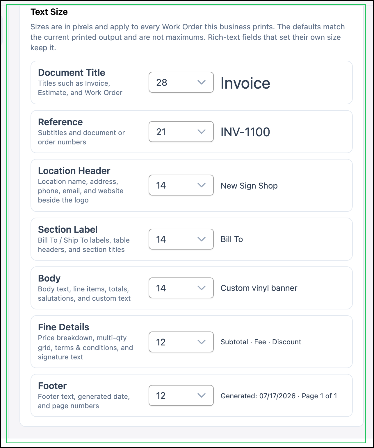 Text Size options for a Work Order