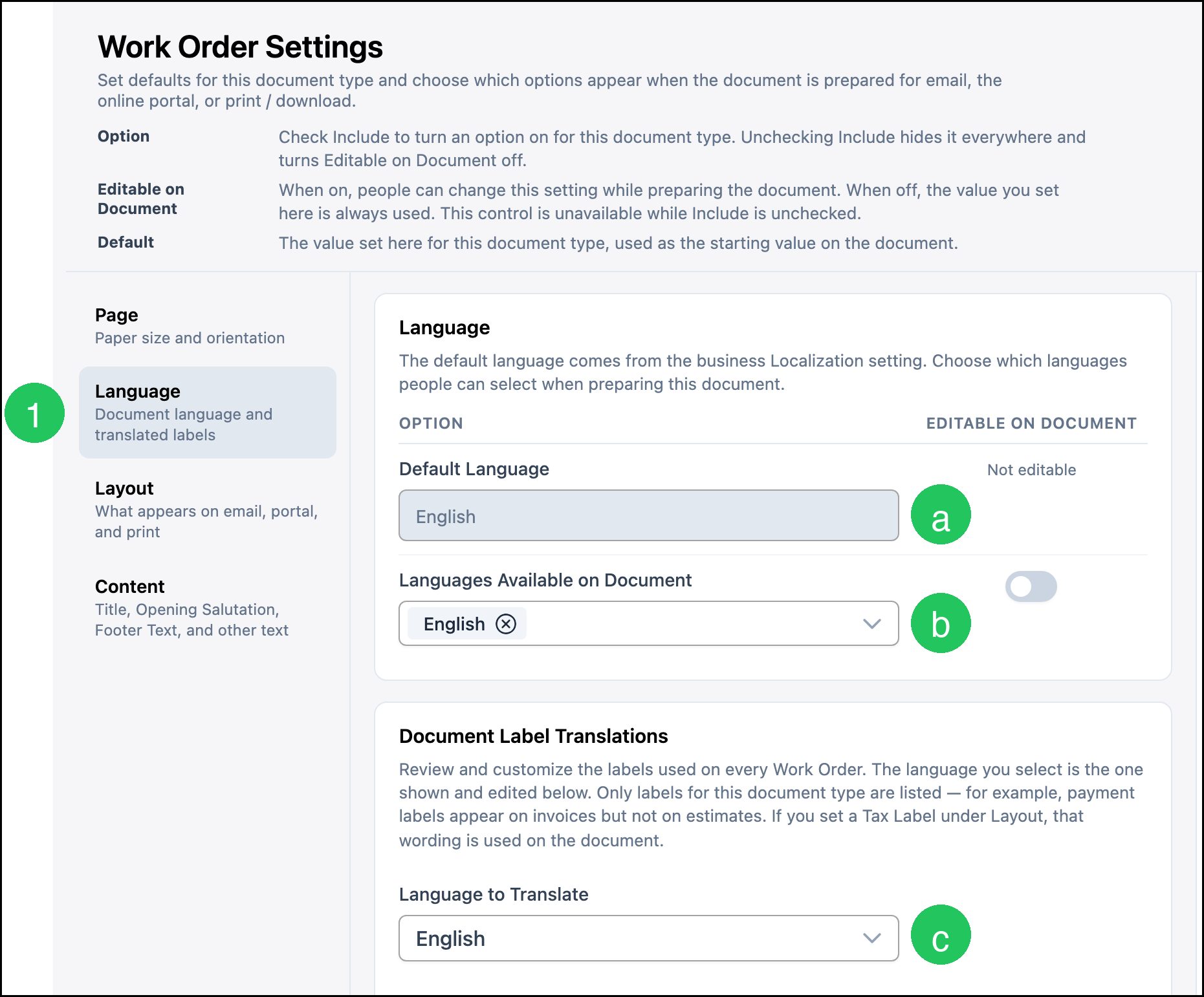 Work Order Settings Language with badge 1 on Language, a on Default Language, b on Languages Available on Document, and c on Language to Translate