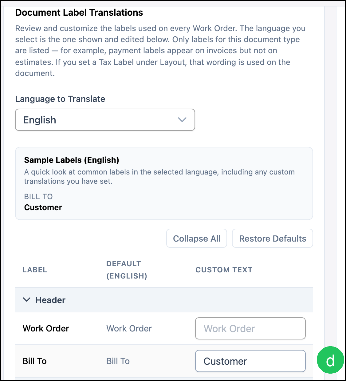 Document Label Translations with badge d on Custom Text for Bill To