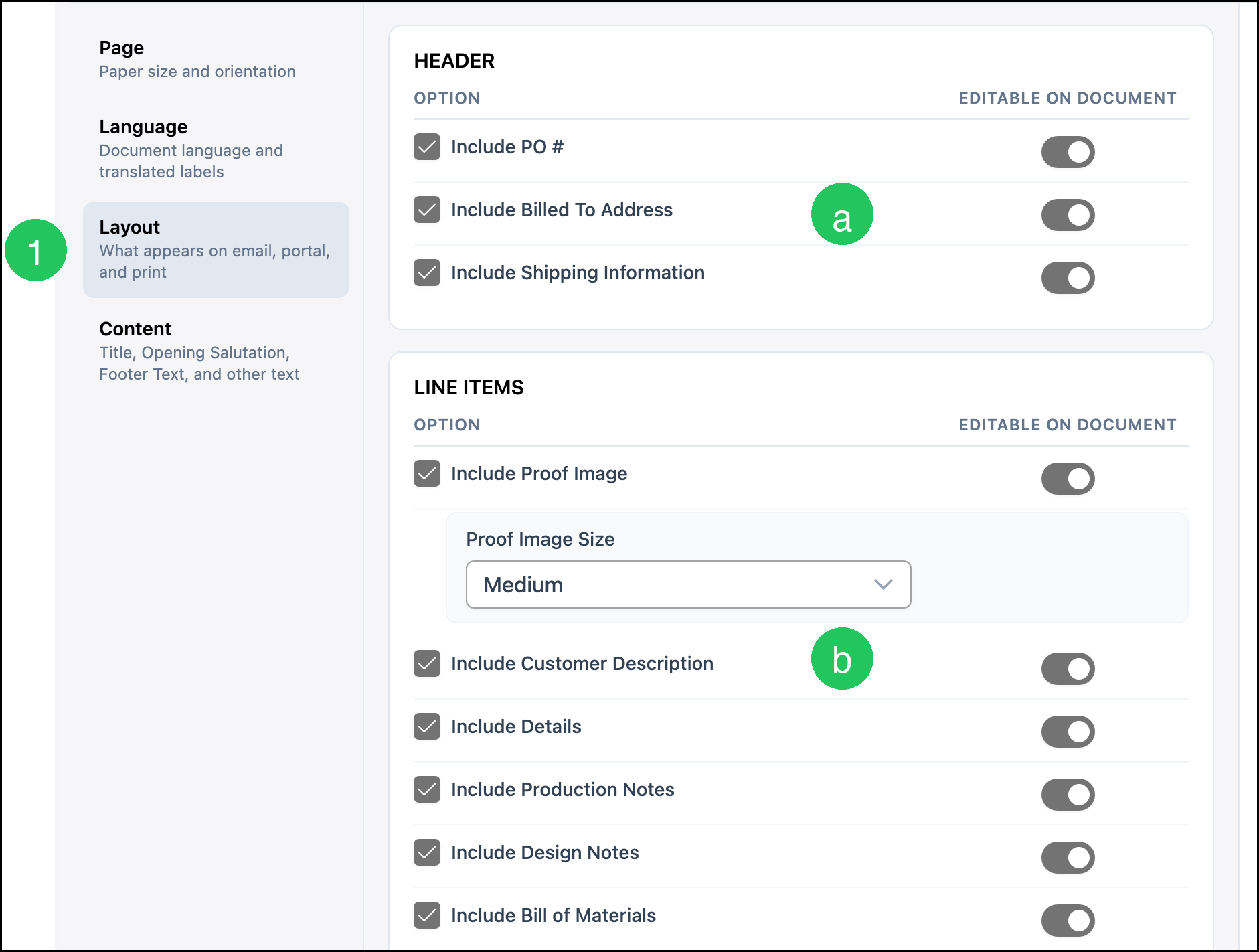 Work Order Settings Layout with badge 1 on Layout, a on Header, and b on Line Items