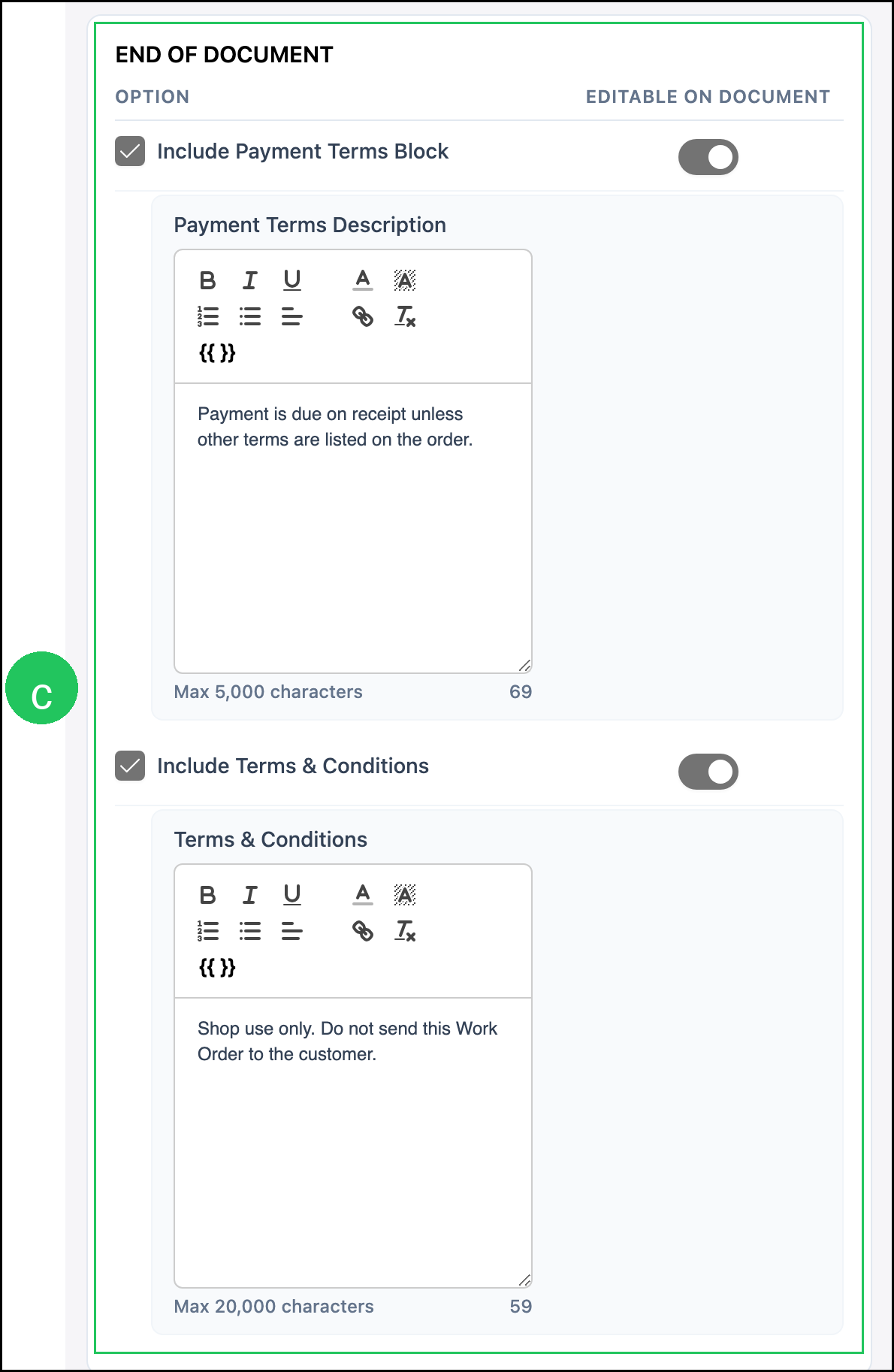End of Document with badge c on payment terms and terms and conditions
