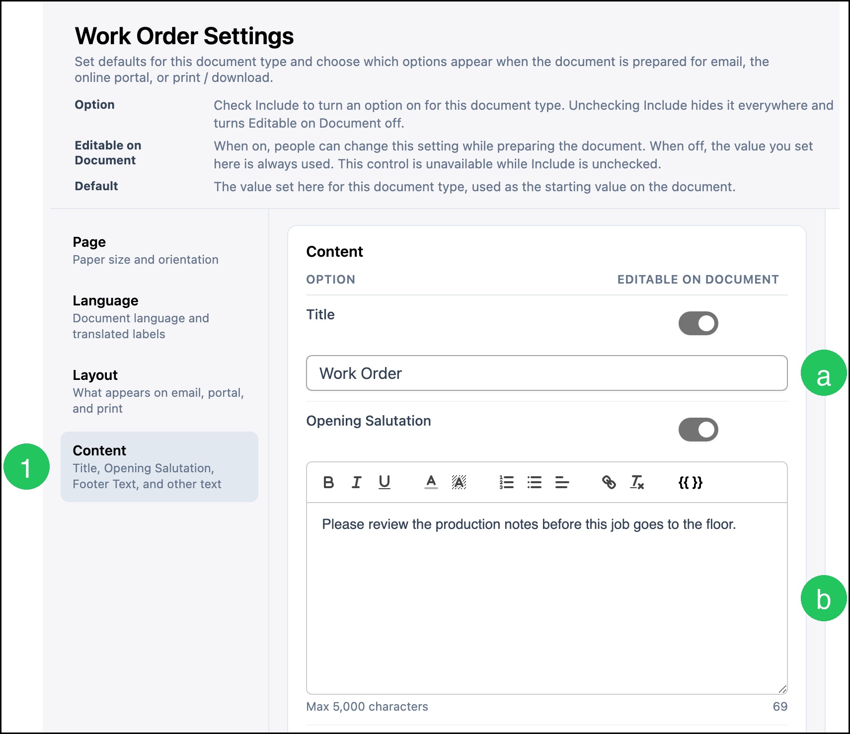 Work Order Settings Content with badge 1 on Content, a on Title, and b on Opening Salutation