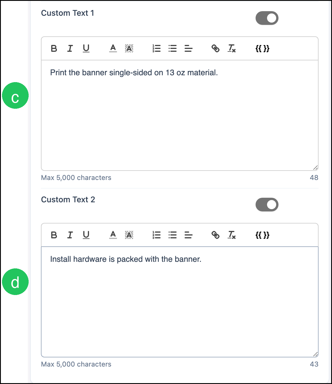 Custom Text 1 and Custom Text 2 with badges c and d