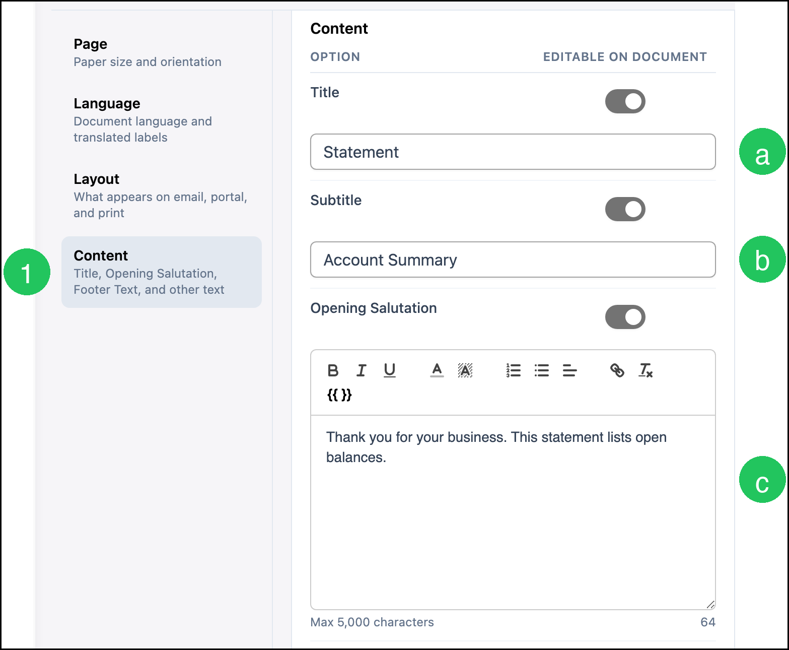 Content settings with badge 1 on Content, a on Title, b on Subtitle, and c on Opening Salutation