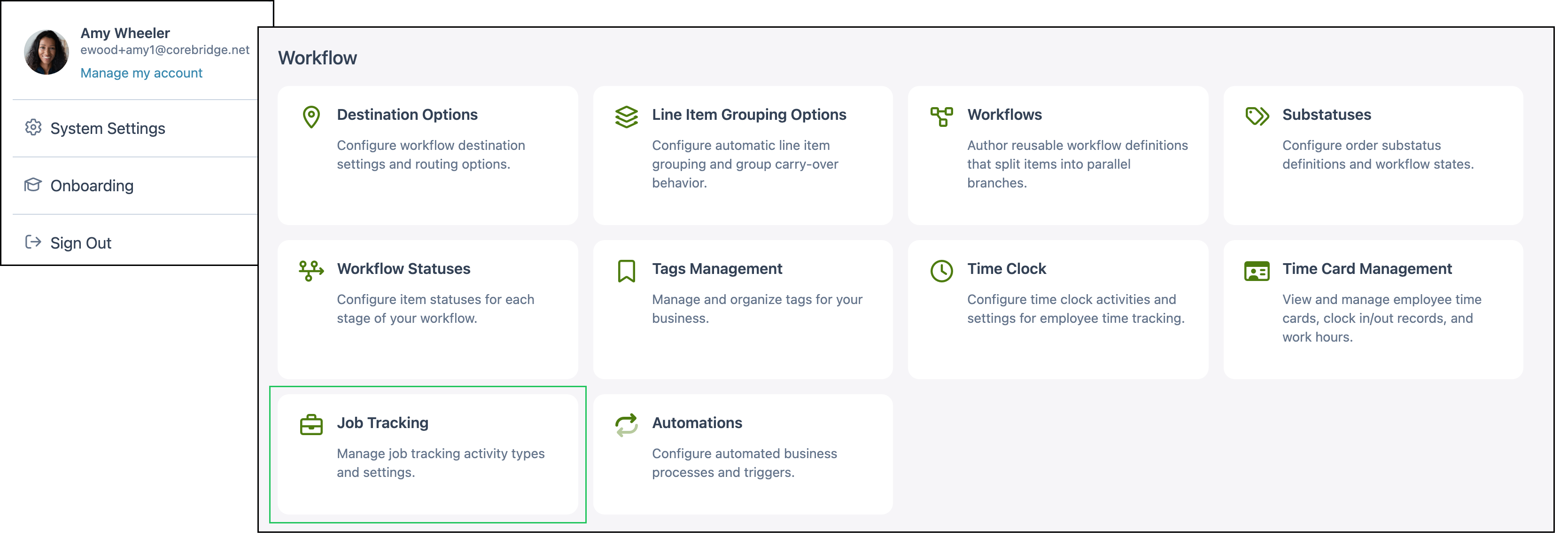 System Settings open to Workflow with Job Tracking highlighted