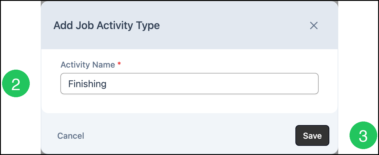 Add Job Activity Type with Activity Name filled and Save ready