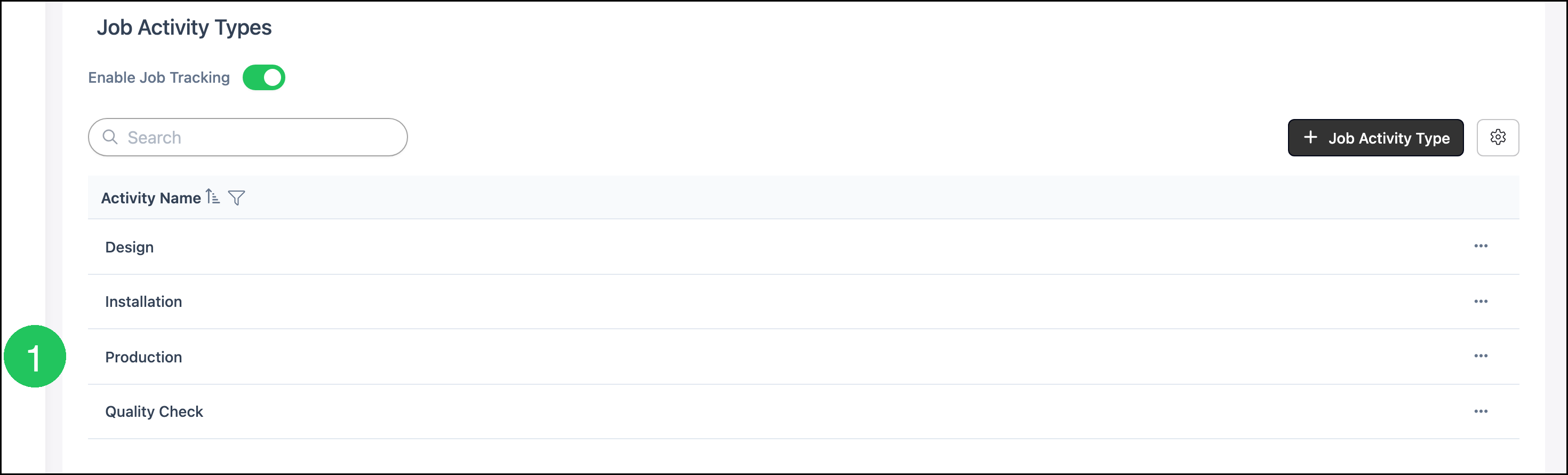 Job Activity Types with badge 1 on the Production activity name