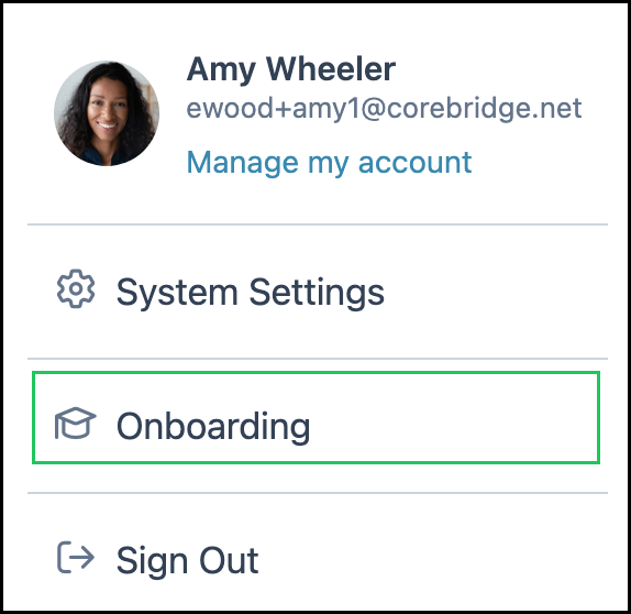 Account menu with Onboarding