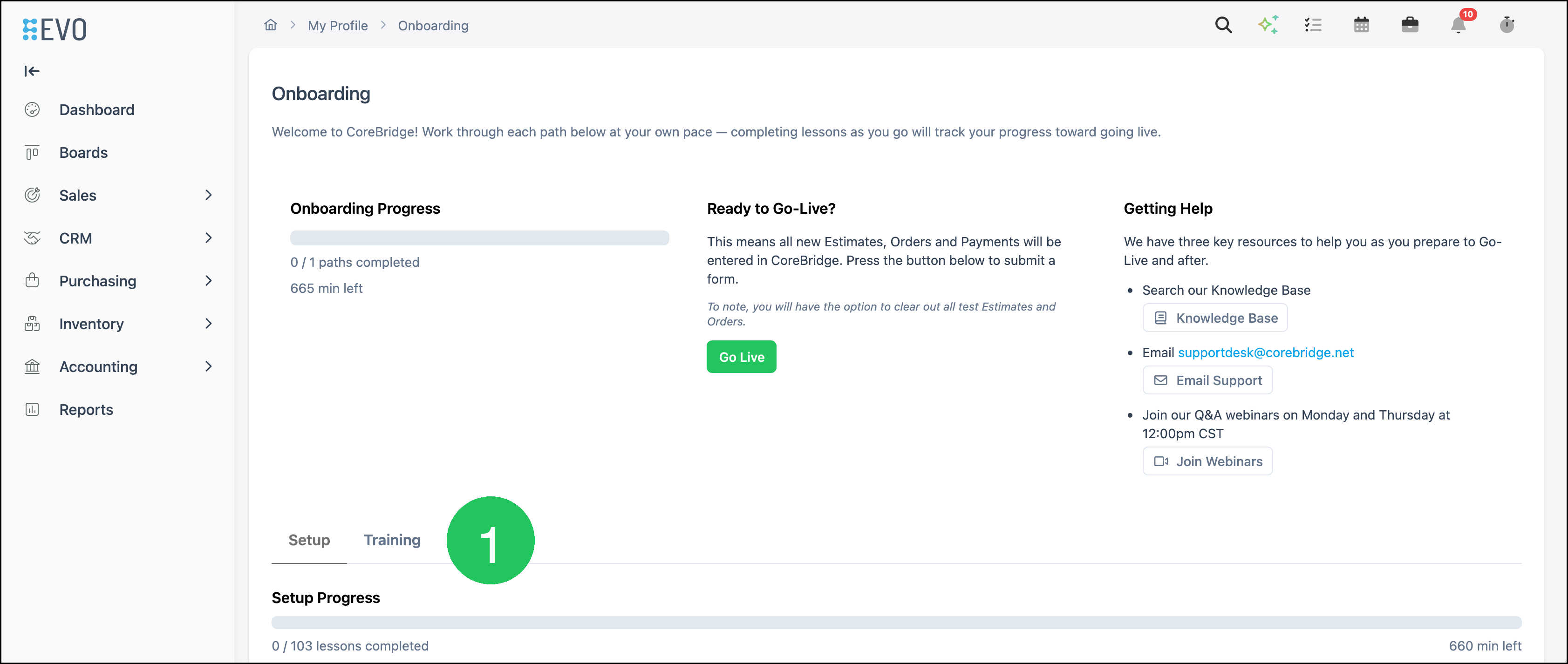 Training tab on the Onboarding screen