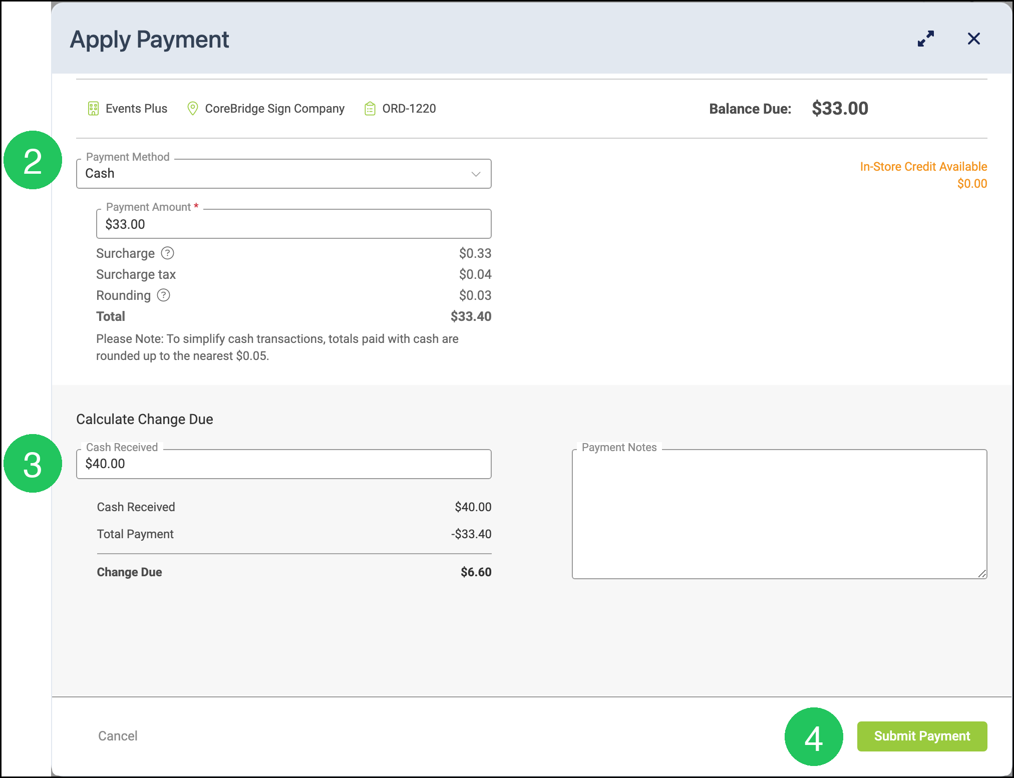 Apply Payment dialog with Cash selected and badges 2, 3, and 4