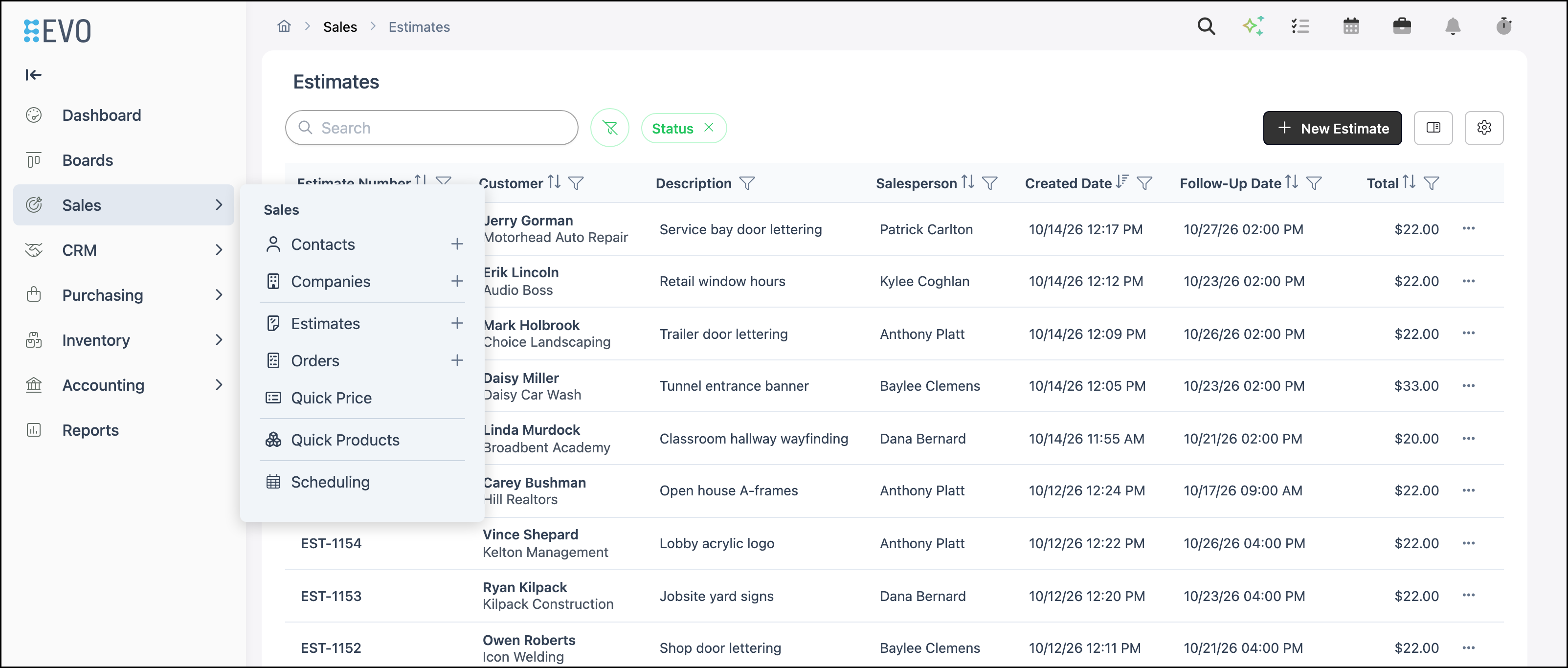Sales menu open to Estimates