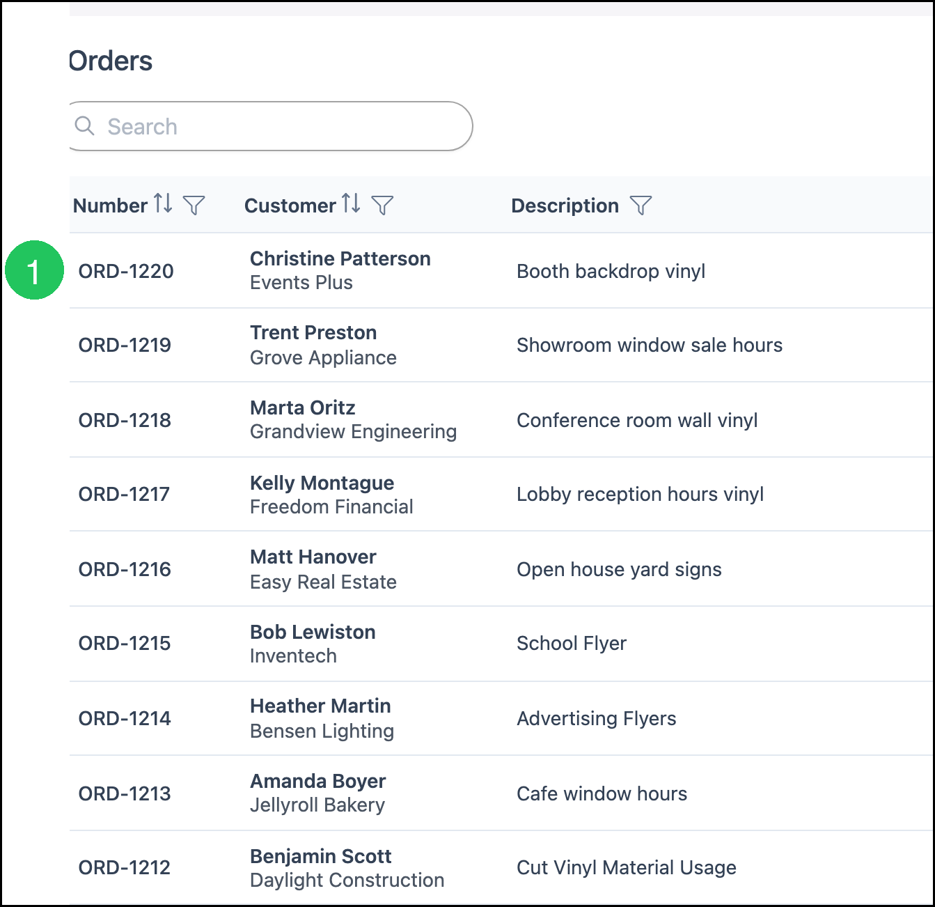 Orders list with badge 1 on the order number