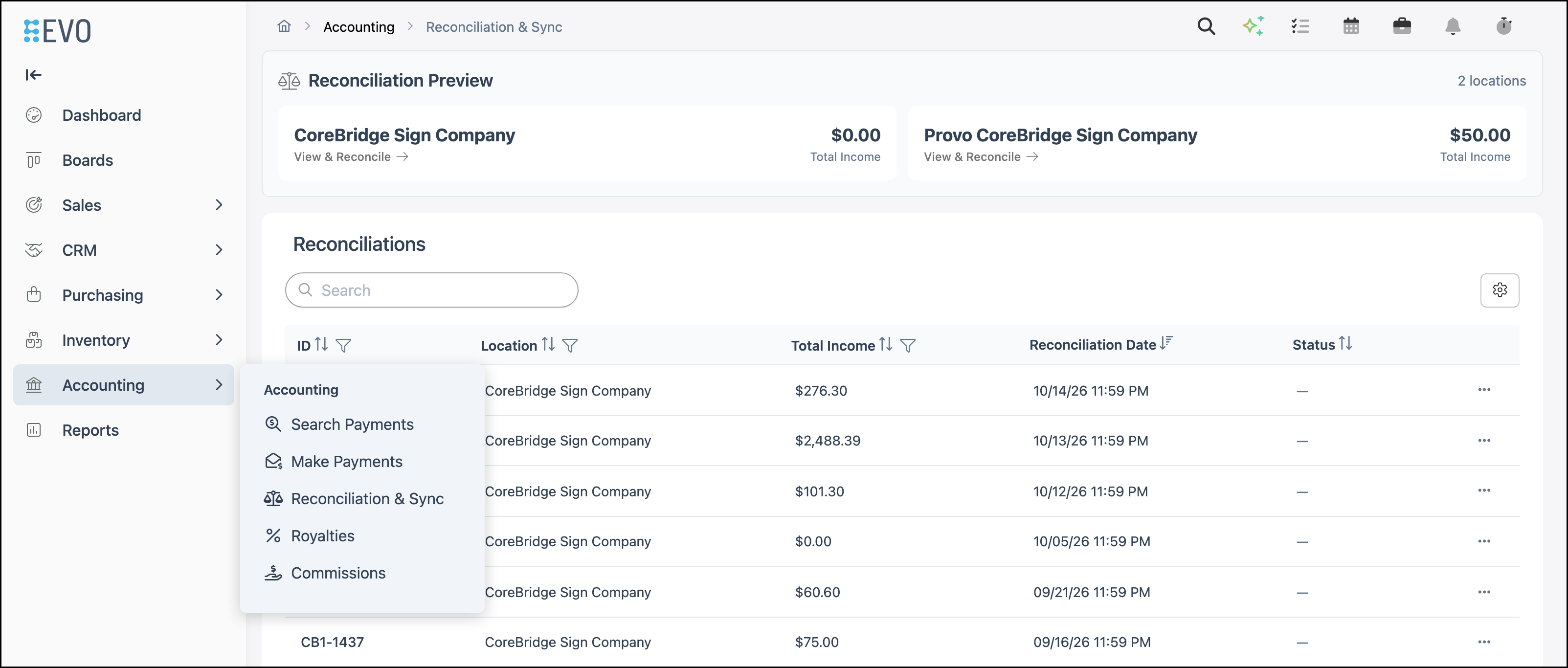 Accounting menu open to Reconciliation and Sync