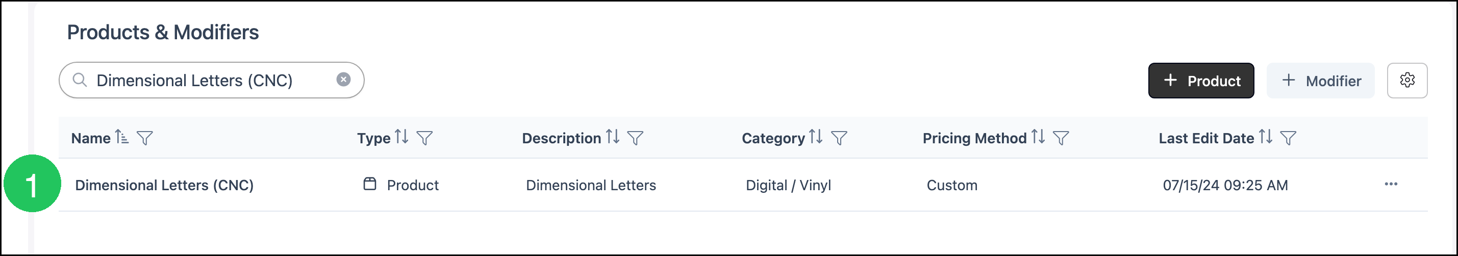 Products and Modifiers search with Dimensional Letters (CNC) marked 1