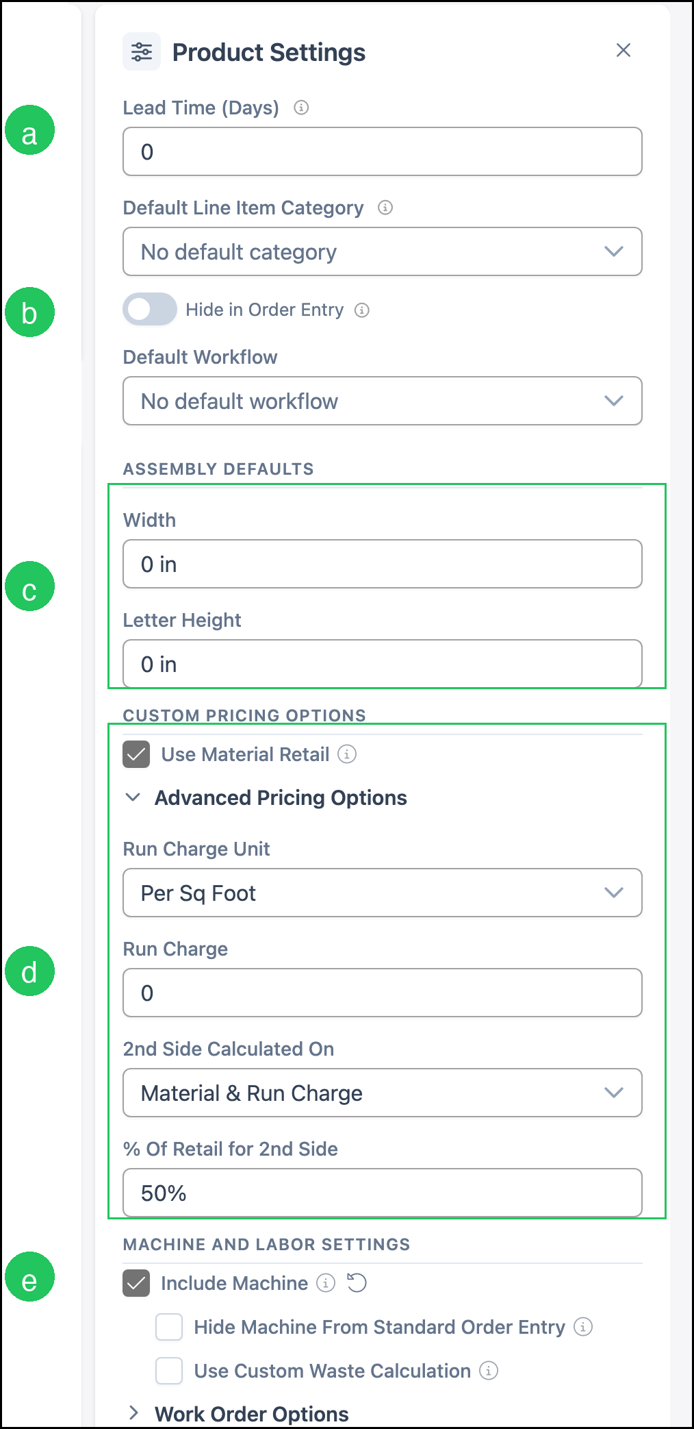 Product Settings with lead time, assembly defaults, custom pricing options, and Include Machine