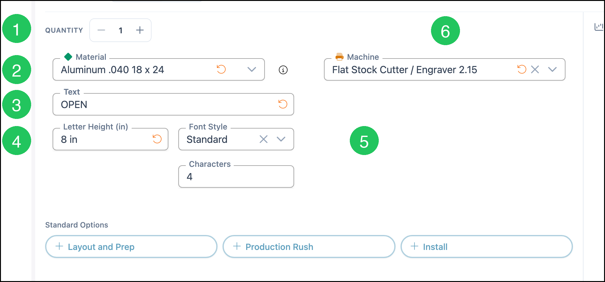 Sales form with quantity, material, text, letter height, font style, and machine