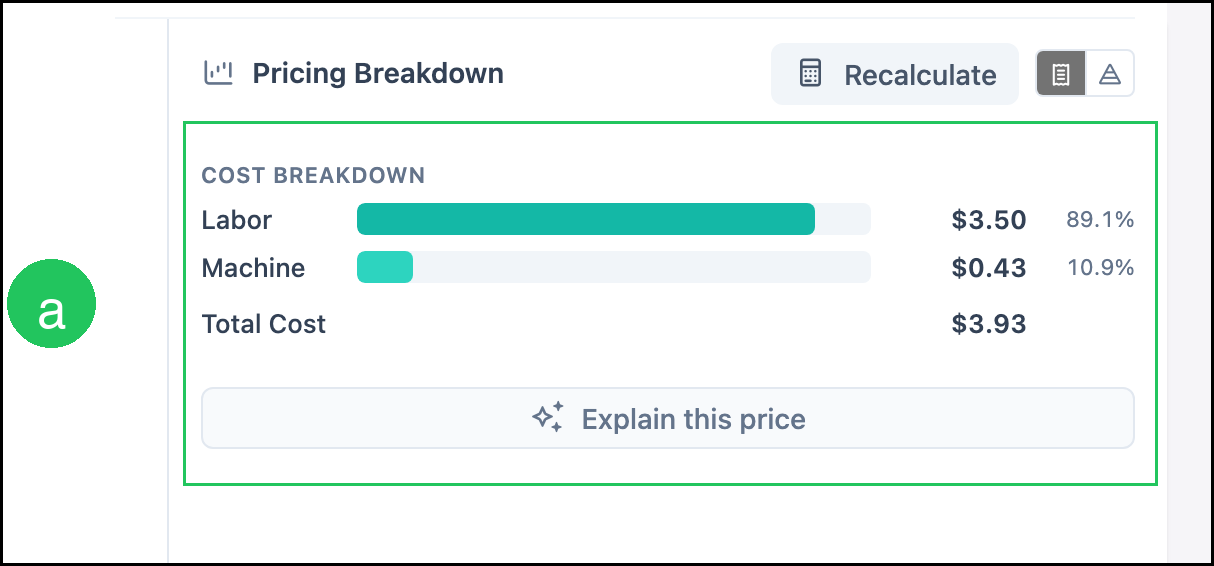 Cost breakdown with labor, machine, and total cost