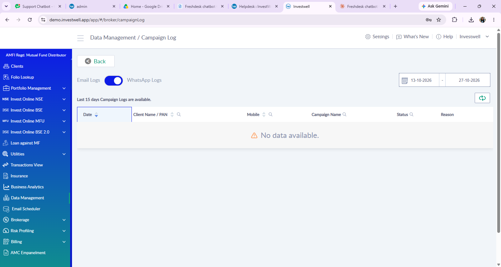 Campaign Log, WhatsApp Logs view with no data in the selected range