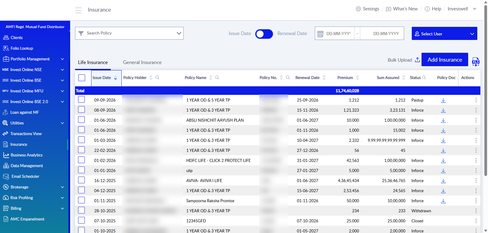 Insurance module, Life Insurance tab, with Bulk Upload and Add Insurance at the top right