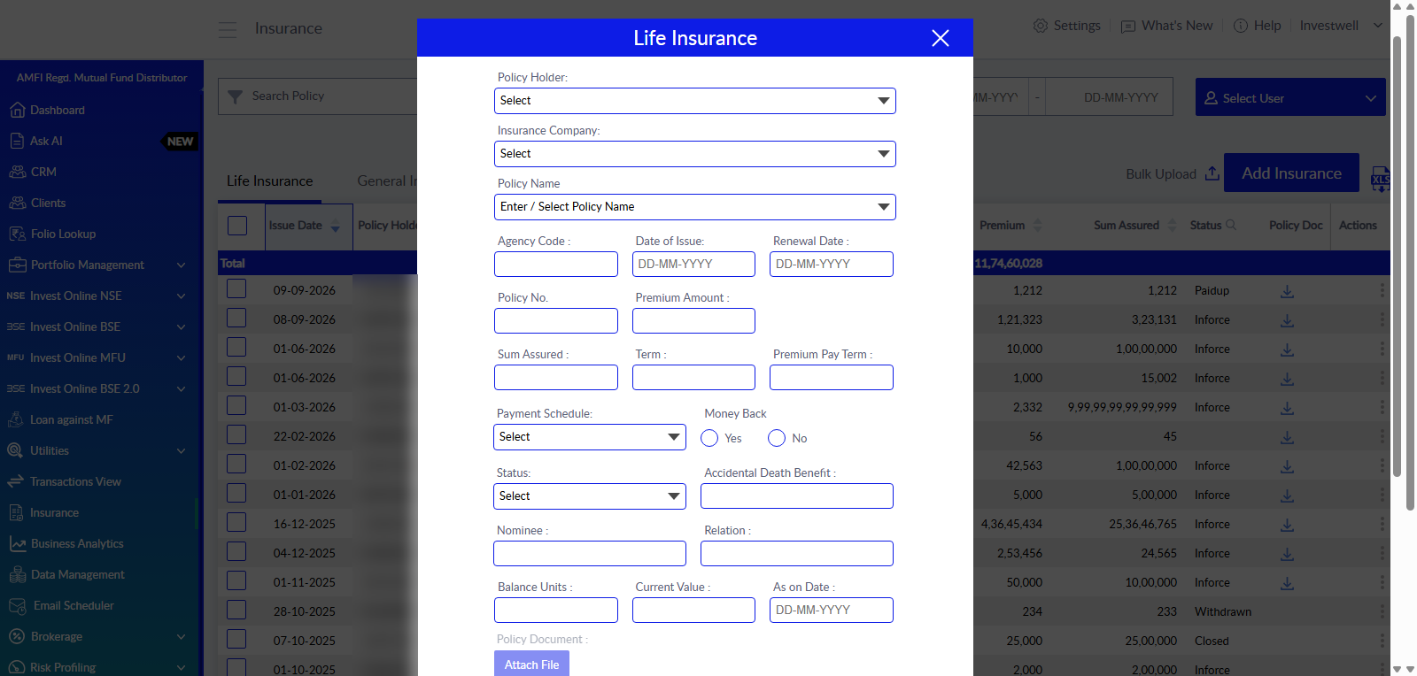 Life Insurance form, top section