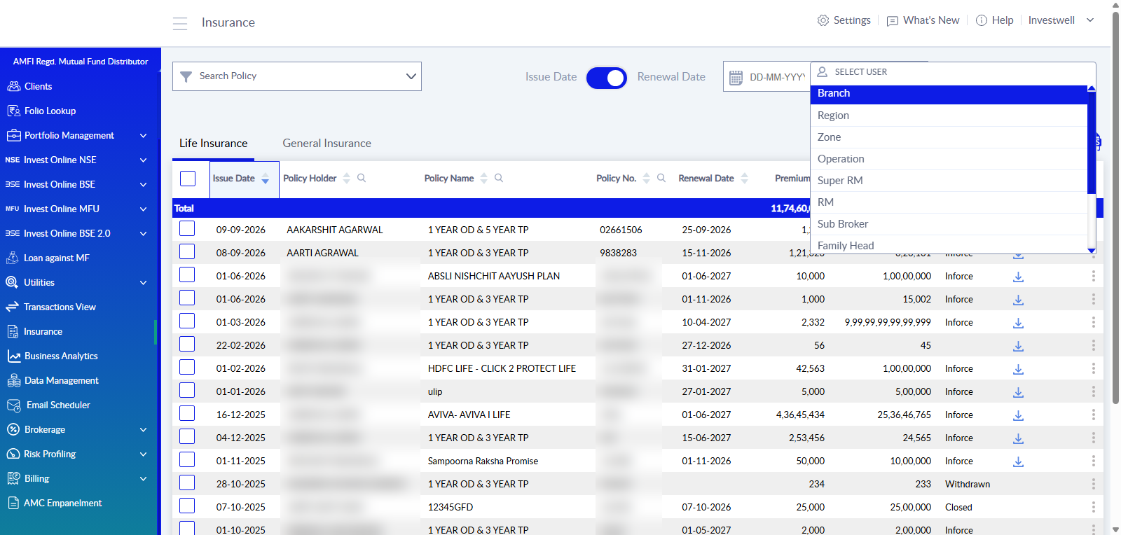 Select User dropdown in the Insurance module