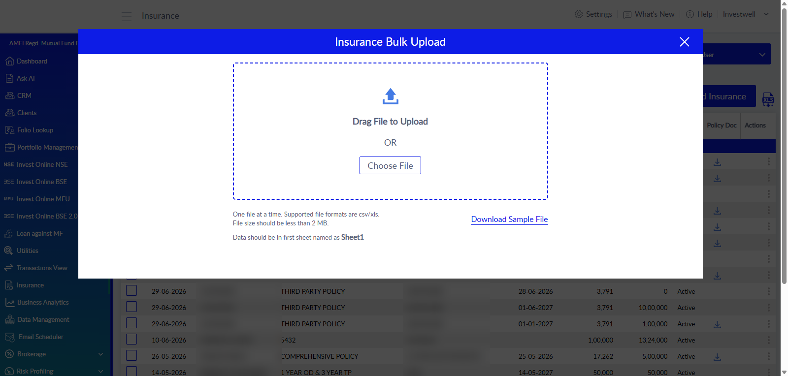 Insurance Bulk Upload window
