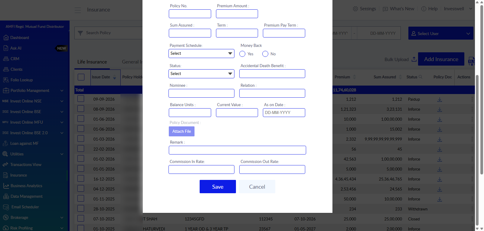 Life Insurance form, bottom section with Save and Cancel