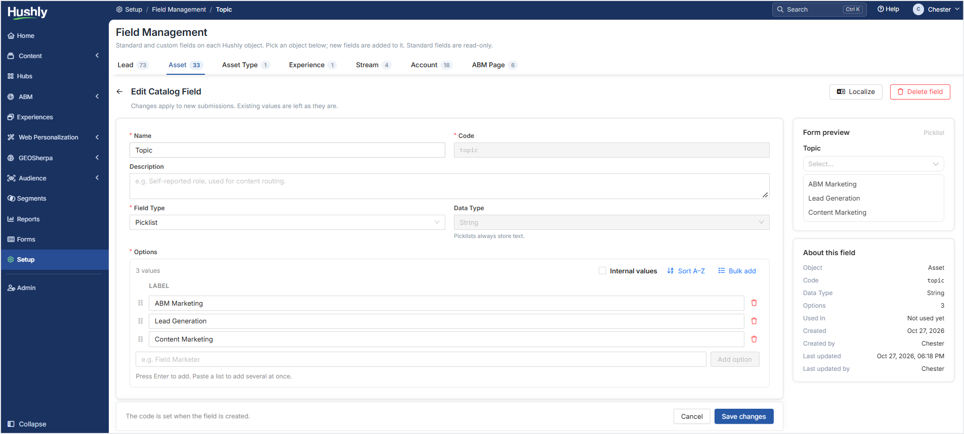 Field Management: Asset Field Edit