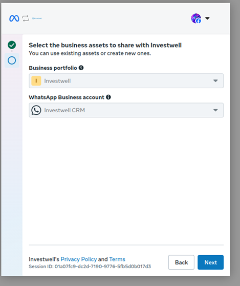 Title: Select your existing business and WhatsApp account - Description: Select your existing business and WhatsApp account