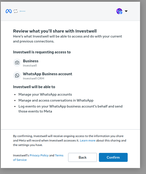 Title: Review what you'll share with Investwell, then click Confirm - Description: Review what you'll share with Investwell, then click Confirm