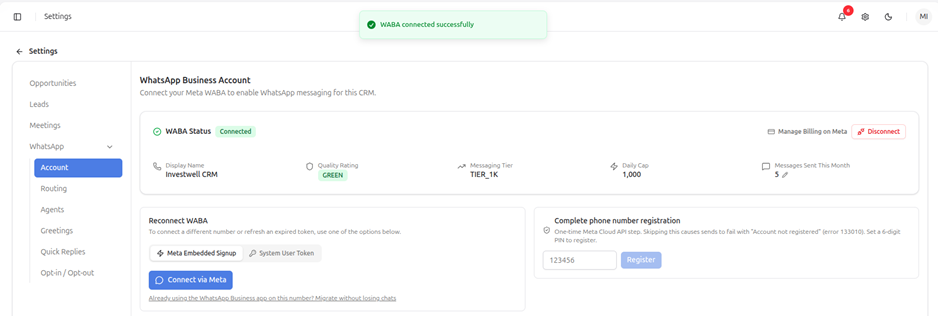 Title: WABA Status shows Connected. Enter a 6-digit PIN and click Register - Description: WABA Status shows Connected. Enter a 6-digit PIN and click Register