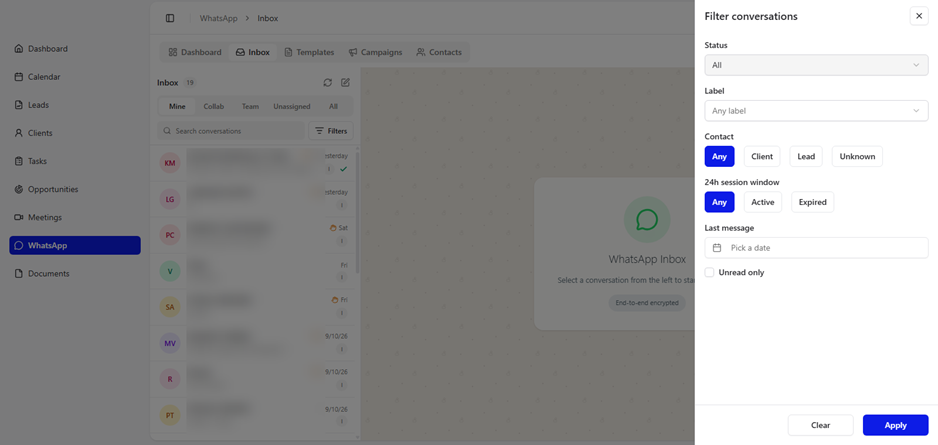 Title: Click Filters to open the Filter conversations panel - Description: Click Filters to open the Filter conversations panel