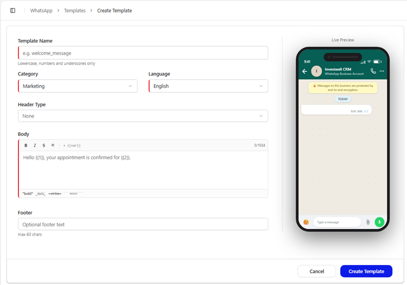 Title: Create Template form with live preview - Description: Create Template form with live preview