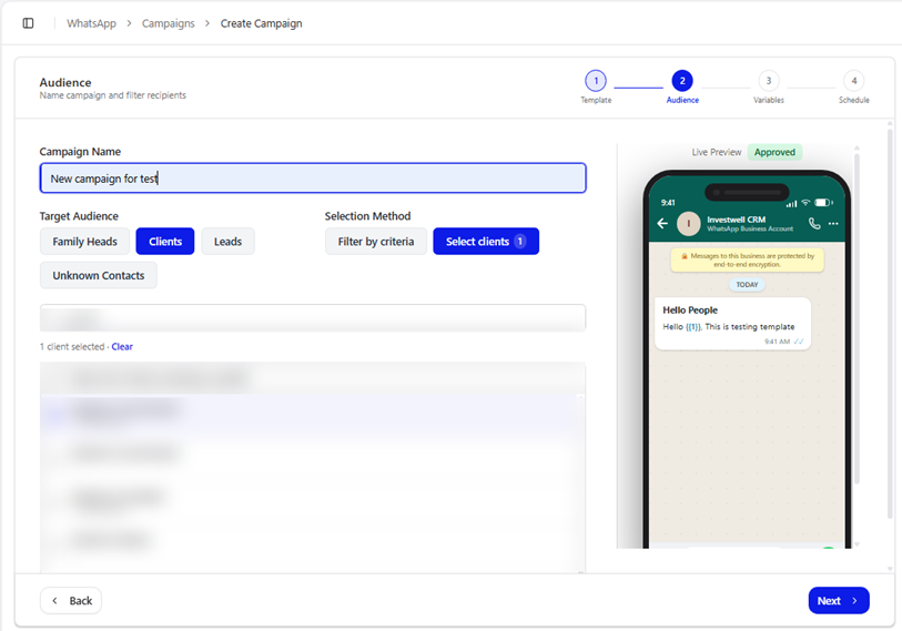 Title: Select clients: tick the people you want to message - Description: Select clients: tick the people you want to message