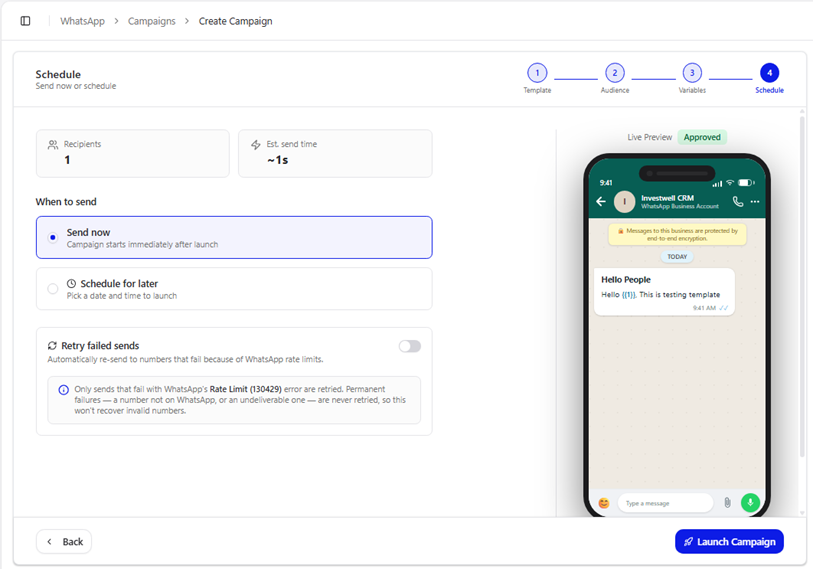 Title: Choose when to send, then click Launch Campaign - Description: Choose when to send, then click Launch Campaign