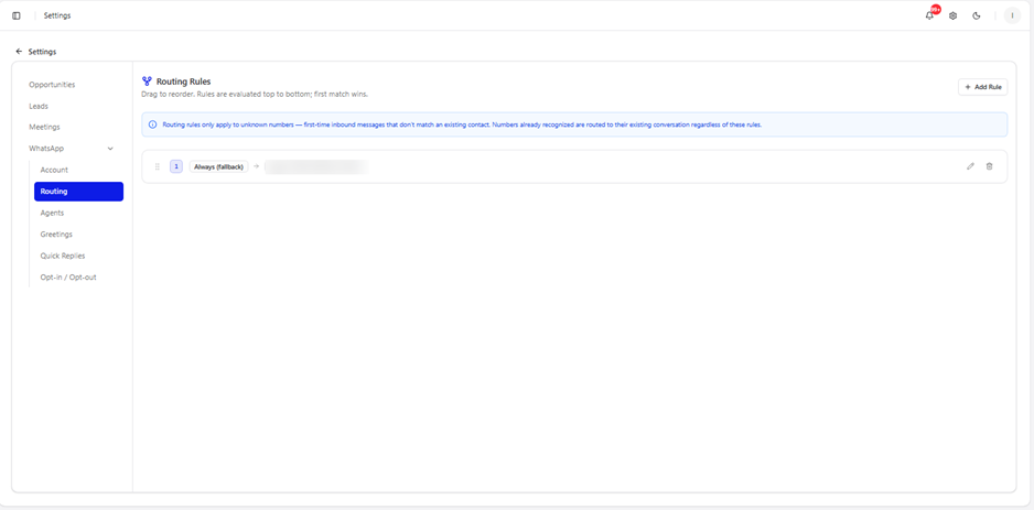 Title: Settings → WhatsApp → Routing - Description: Settings → WhatsApp → Routing