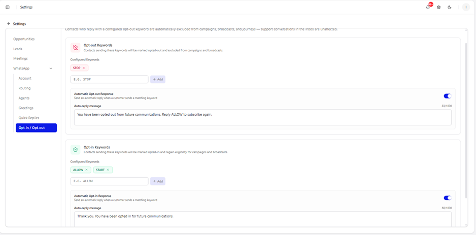 Title: Settings → WhatsApp → Opt-in / Opt-out - Description: Settings → WhatsApp → Opt-in / Opt-out