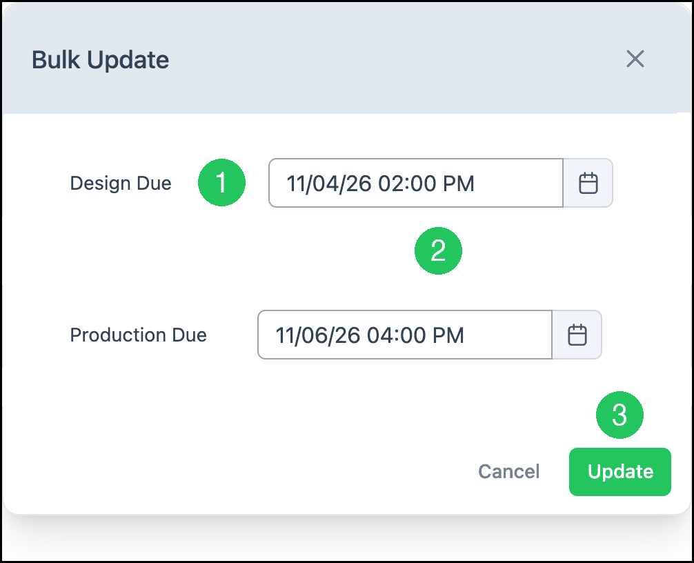 Bulk Update dialog with Design Due, Production Due, and Update