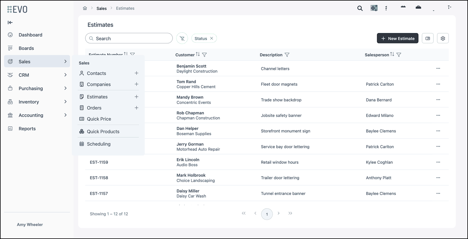 Sales menu open on Estimates, with the Estimates list