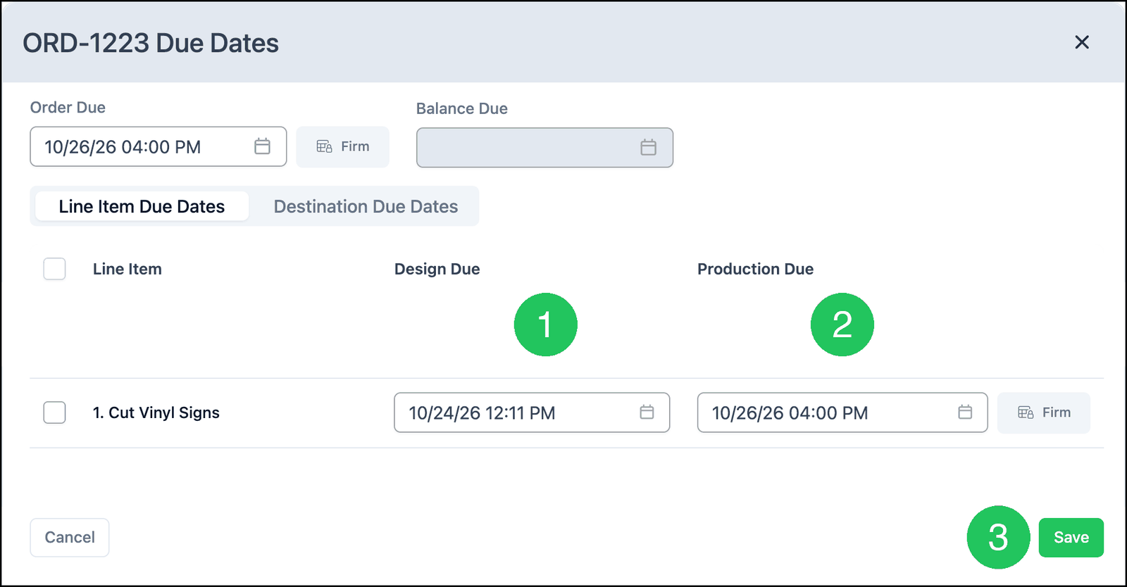 Design Due, Production Due, and Save on the Due Dates dialog