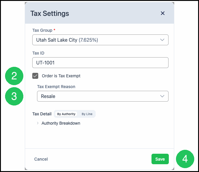 Tax Settings with Order is Tax Exempt and a Tax Exempt Reason