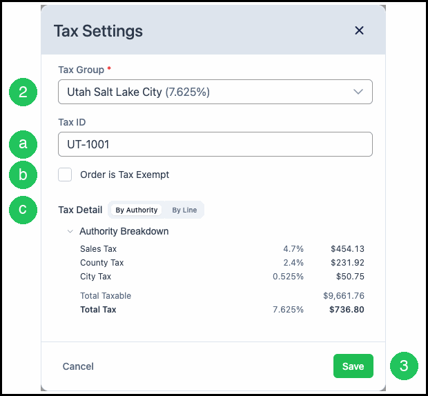 Tax Settings with the Tax Group and authority breakdown