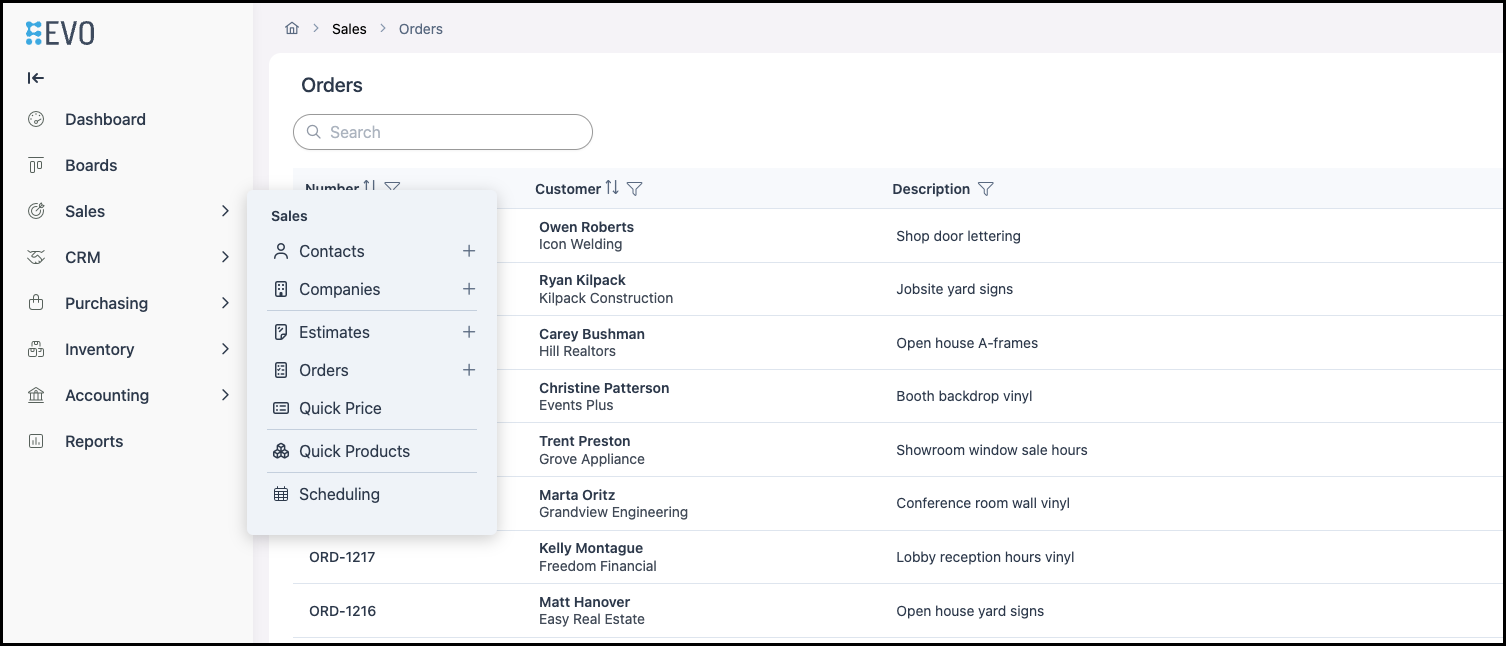 Sales menu open on the Orders list