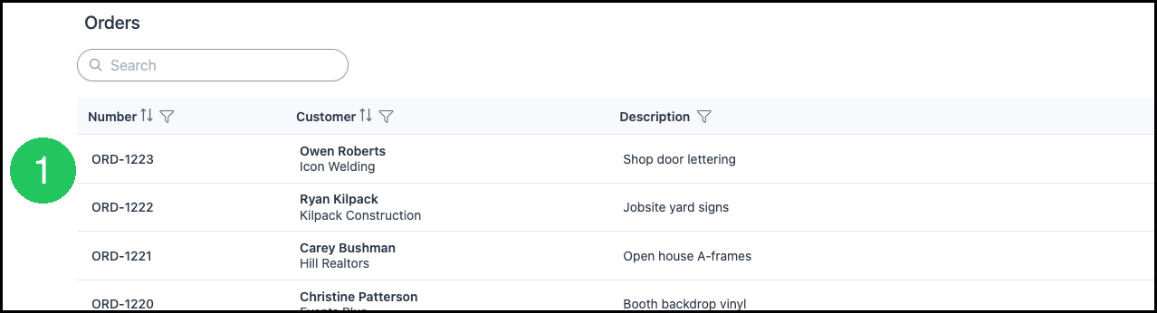 Orders list with an order selected for Job Tracking