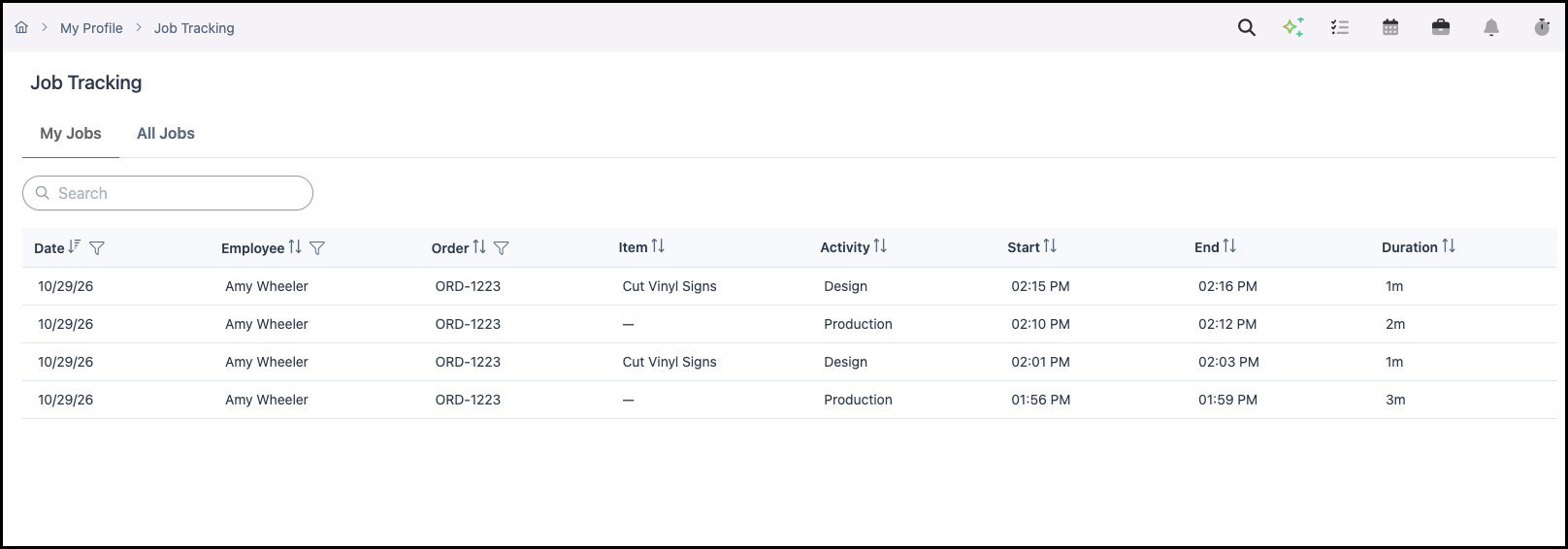 My Jobs table on My Job Tracking