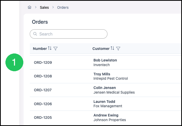 Orders list with an order selected