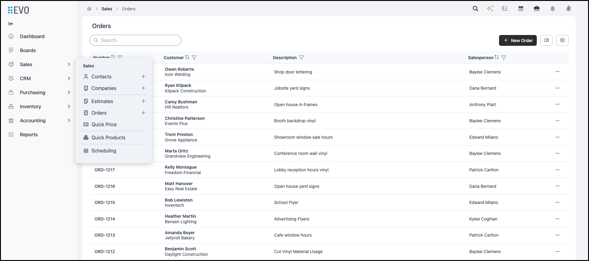 Sales menu open on the Orders list