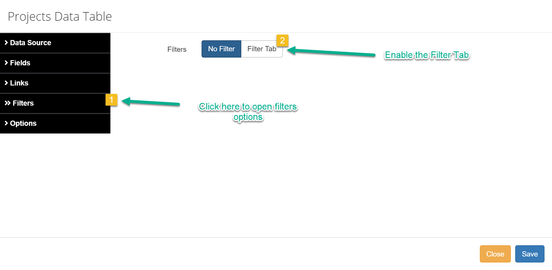 Using Filter Tabs to Show/Hide Columns in Tables